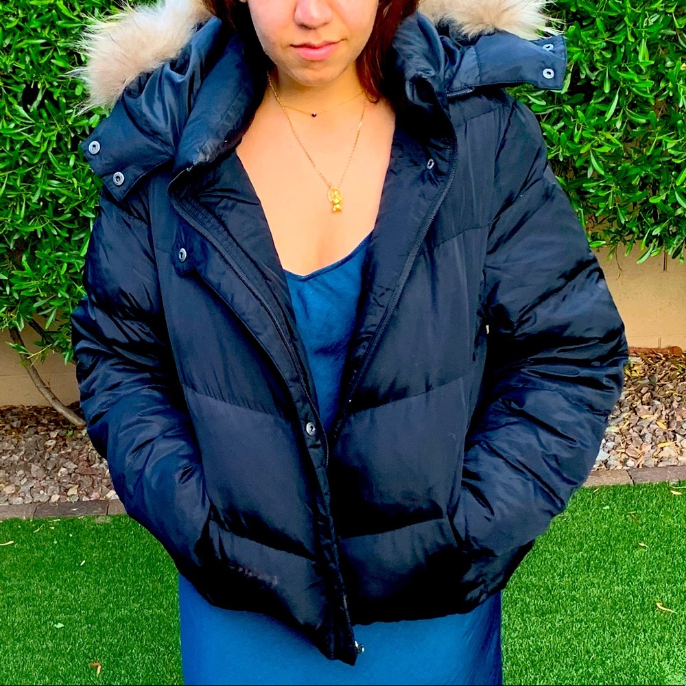 Black Puffer Jacket with Real Raccoon Fur and Down and Feather Filling